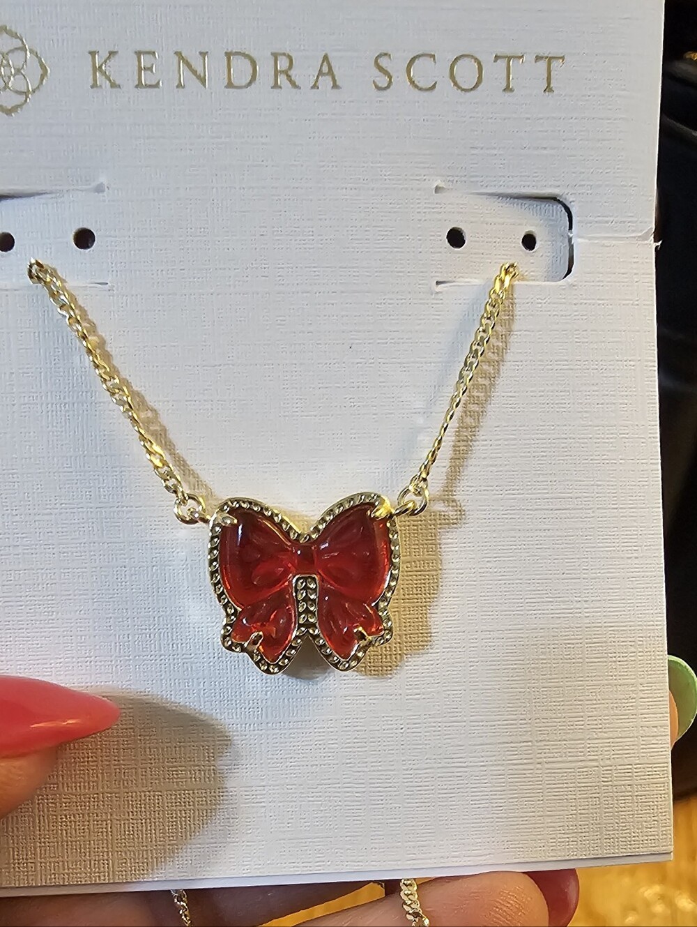 Kendra Scott Gold Necklace and Earrings with Red Haley Bow Charm